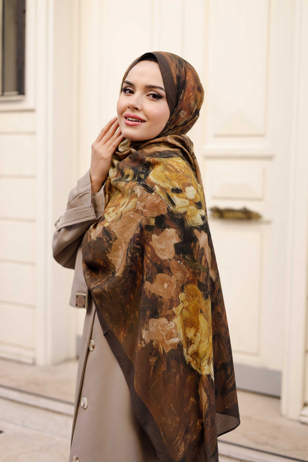 %100 Organik Pamuk Şal - Rose Desen - Kahve Hardal