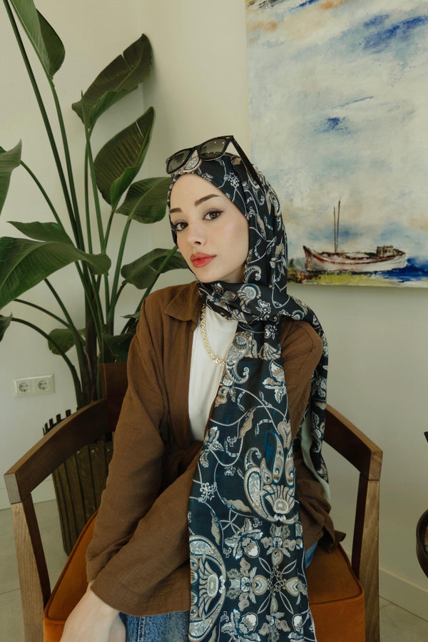 Pamuk İpek Şal - Paisley Çiçek Desen - Siyah Krem