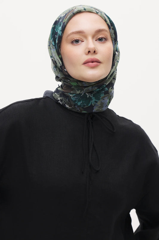 Tensel Eşarp - Gelincik Desen - Koyu Yeşil