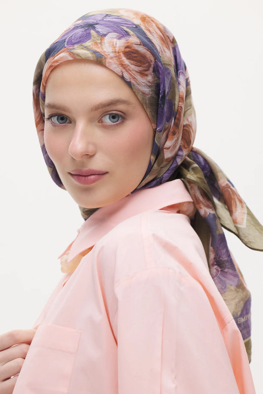 Tensel Eşarp - Pastel Çiçek Desen - Yağ Yeşili