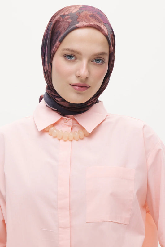 Tensel Eşarp - Pastel Çiçek Desen - Koyu Mürdüm