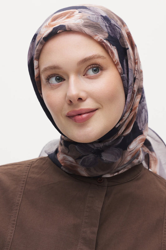 Tensel Eşarp - Pastel Çiçek Desen - Gri
