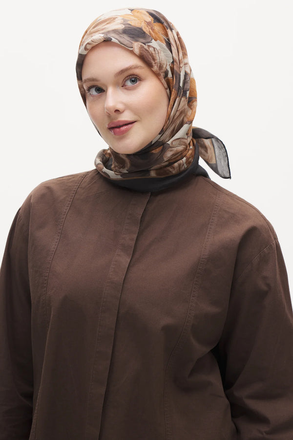Tensel Eşarp - Pastel Çiçek Desen - Kahverengi