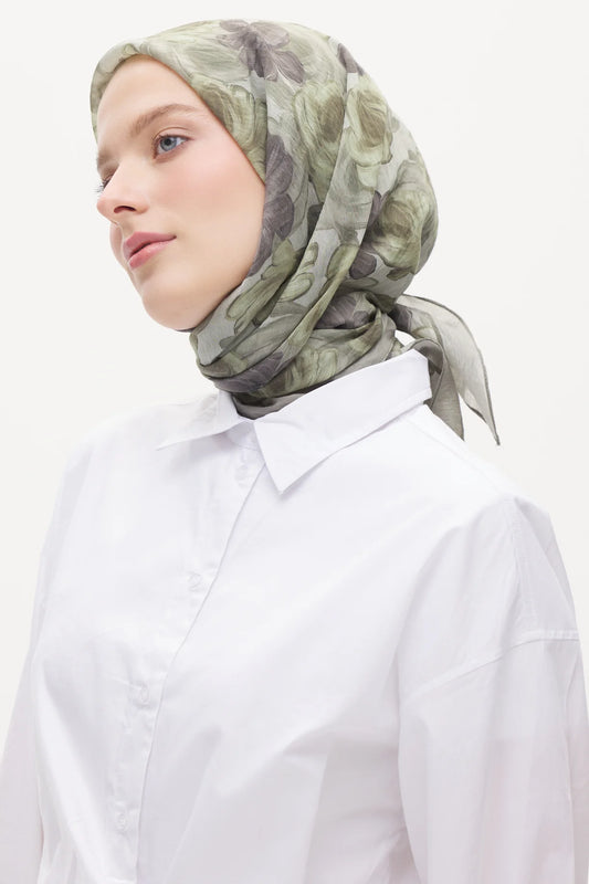 Tensel Eşarp - Pastel Çiçek Desen - Çağla Yeşili