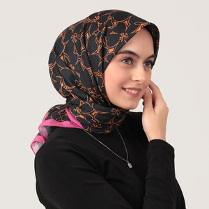 Pamuk İpek Eşarp - Yonca Desen - Siyah Oranj