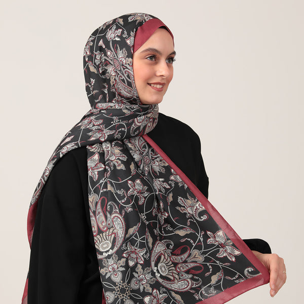 Pamuk İpek Şal - Paisley Çiçek Desen - Siyah Bordo