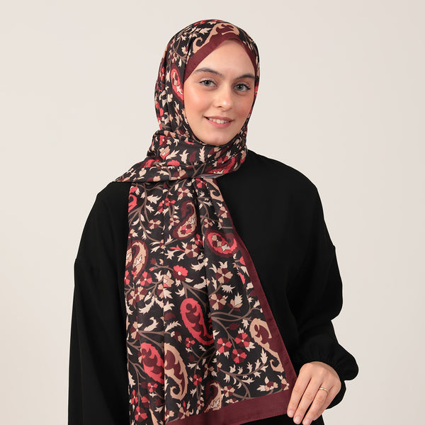 Pamuk İpek Şal - Etnik Floral Desen - Bordo Krem