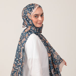 Pamuk İpek Şal - Etnik Floral Desen - Vizon Mavi