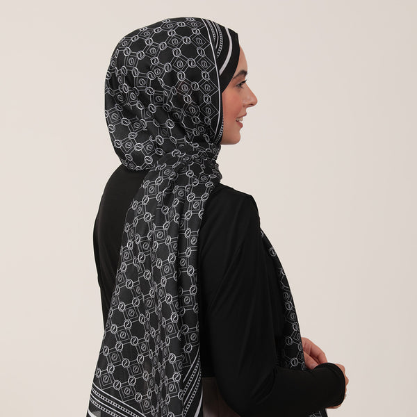 Pamuk İpek Şal - Monogram Desen - Siyah Beyaz