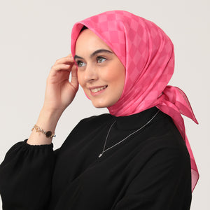 Pamuk İpek Eşarp - Dama Desen - Fuşya