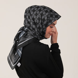 Pamuk İpek Eşarp - Monogram Desen - Siyah Gri