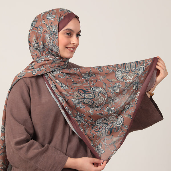 Pamuk İpek Şal - Paisley Çiçek Desen - Tarçın