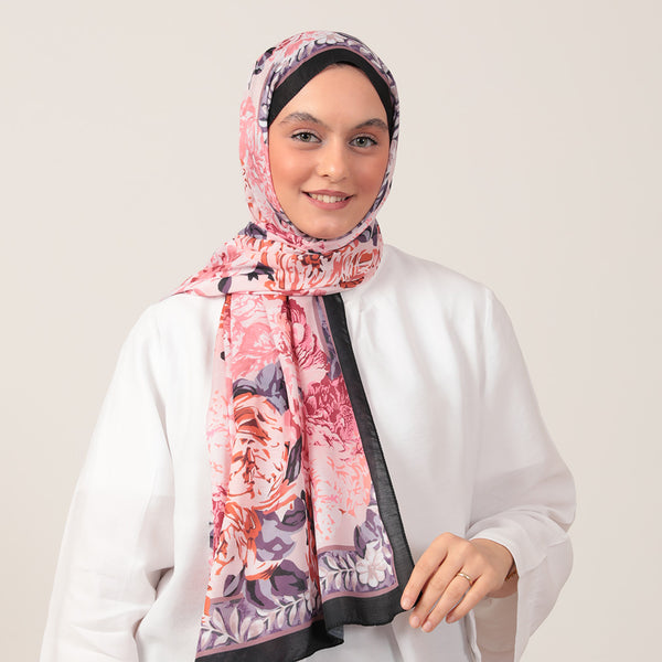 Pamuk İpek Şal - Floral Desen - Pudra