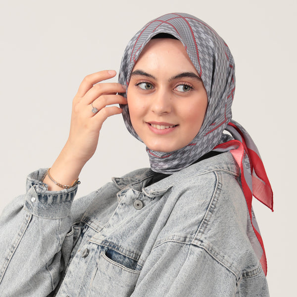 Pamuk İpek Eşarp - Minik Kazayağı Desen - Kırmızı