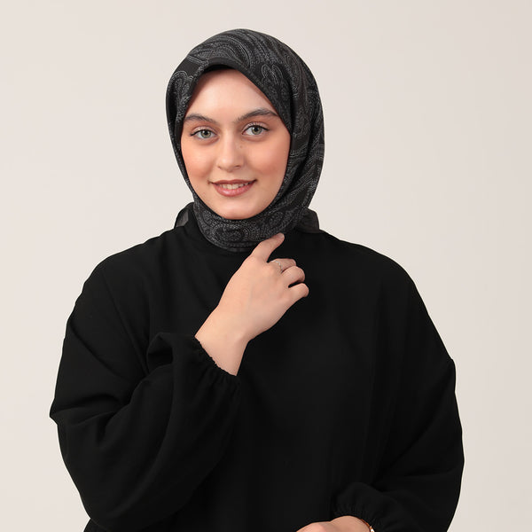 Pamuk İpek Eşarp - Mistik Desen - Siyah Beyaz