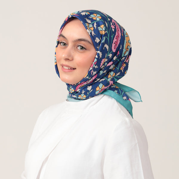 Pamuk İpek Eşarp - Etnik Floral Desen - Okyanus Mavisi