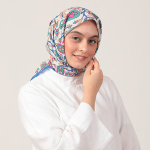 Pamuk İpek Eşarp - Etnik Floral Desen - Saks Mavisi