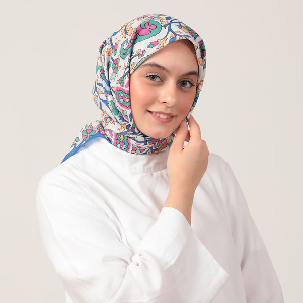 Pamuk İpek Eşarp - Etnik Floral Desen - Saks Mavisi