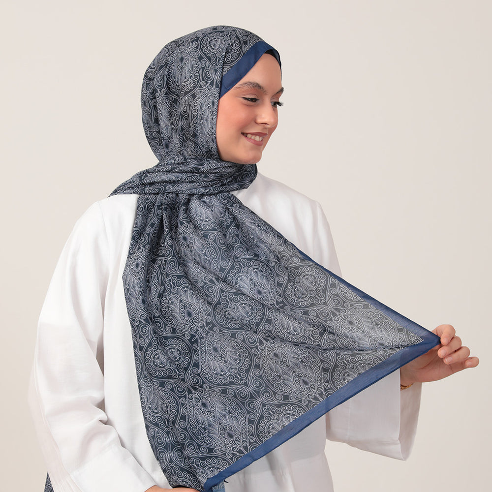 Pamuk İpek Şal - Mandala Desen - Lacivert