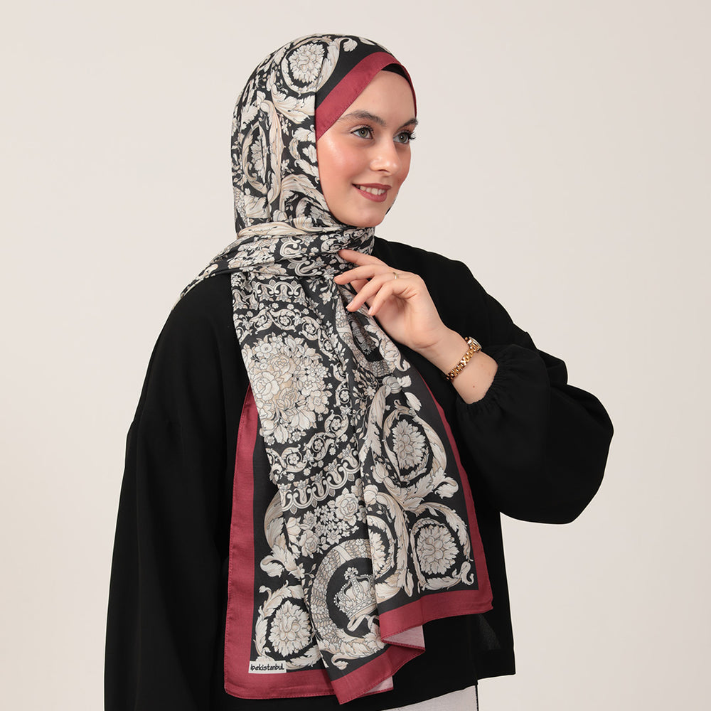 Pamuk İpek Şal - Dönence Desen - Siyah Bordo