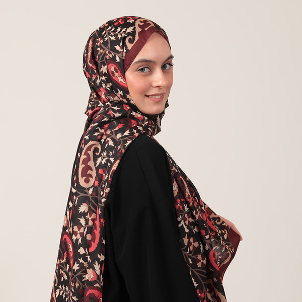 Pamuk İpek Şal - Etnik Floral Desen - Bordo Krem