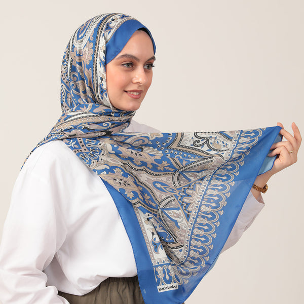 Pamuk İpek Şal - Barok Desen - Saks Mavisi