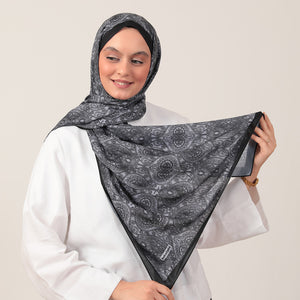Pamuk İpek Şal - Mandala Desen - Koyu Gri