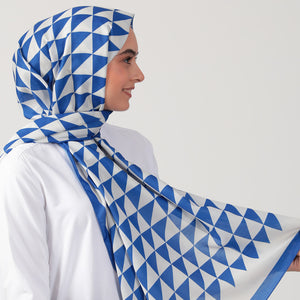 Pamuk İpek Şal - Üçgen Desen - Saks Mavi