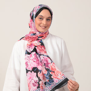 Pamuk İpek Şal - Floral Desen - Siyah Fuşya