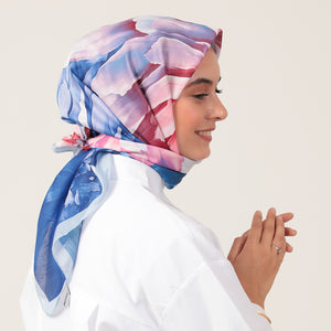 Pamuk İpek Eşarp - Lotus Desen - Saks Mavisi