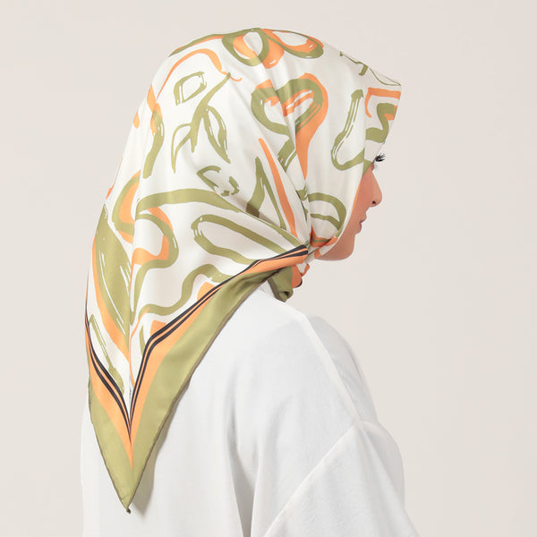 Twill Eşarp - İlkbahar Desen - Yağ Yeşili