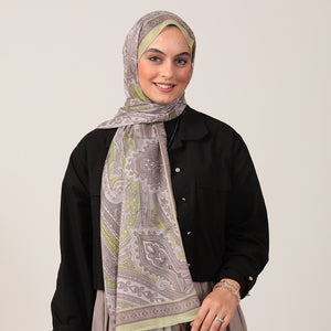 Pamuk İpek Şal - Hint Desen - Koyu Lime