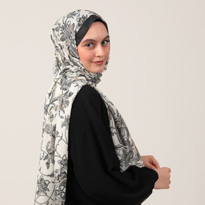 Pamuk İpek Şal - Paisley Çiçek Desen - Beyaz