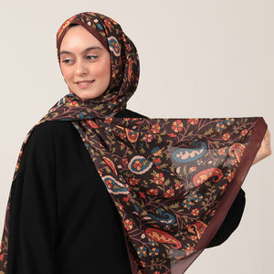Pamuk İpek Şal - Etnik Floral Desen - Kahverengi
