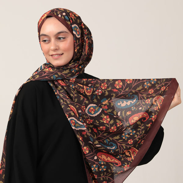 Pamuk İpek Şal - Etnik Floral Desen - Kahverengi