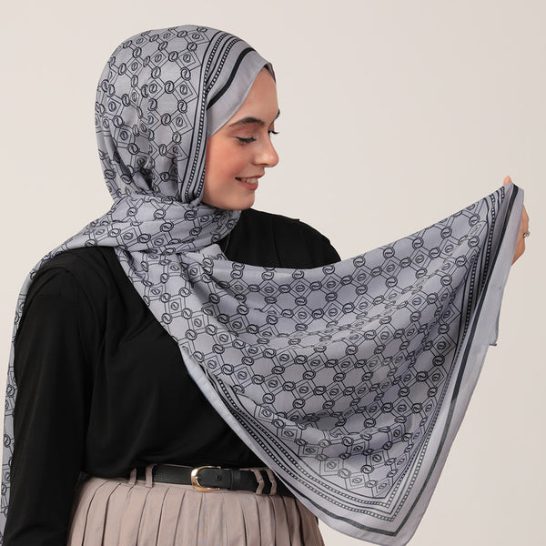 Pamuk İpek Şal - Monogram Desen - Gri Lacivert
