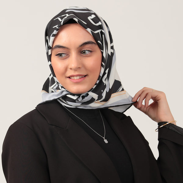 Twill Eşarp - İlkbahar Desen - Siyah Gri