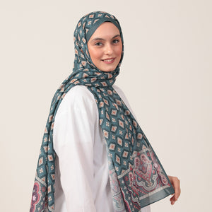 Pamuk İpek Şal - Orient Desen - Petrol Mavisi