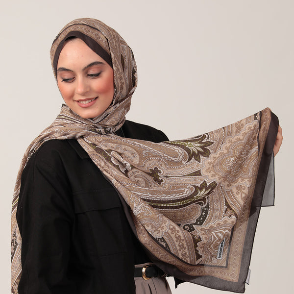 Pamuk İpek Şal - Hint Desen - Koyu Haki