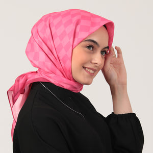 Pamuk İpek Eşarp - Dama Desen - Fuşya