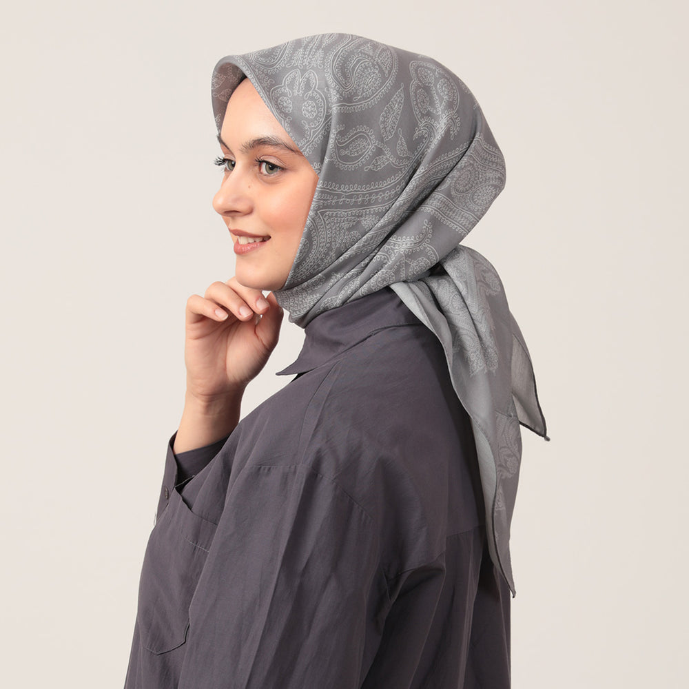 Pamuk İpek Eşarp - Mistik Desen - Gri