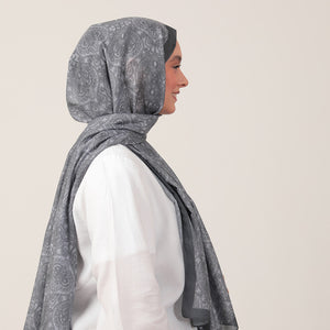 Pamuk İpek Şal - Mandala Desen - Gri