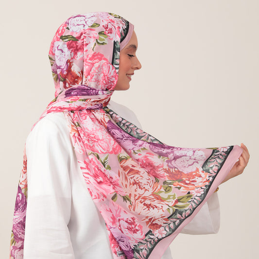 Pamuk İpek Şal - Floral Desen - Pembe