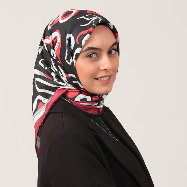 Twill Eşarp - İlkbahar Desen - Siyah Kırmızı