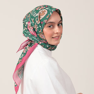 Pamuk İpek Eşarp - Etnik Floral Desen - Zümrüt Yeşili