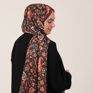 Pamuk İpek Şal - Etnik Floral Desen - Kahverengi