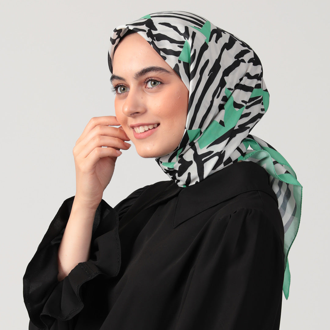 Pamuk İpek Eşarp - Zebra Desen - Yeşil