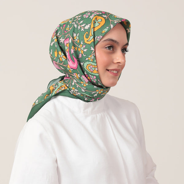 Pamuk İpek Eşarp - Etnik Floral Desen - Haki Yeşili