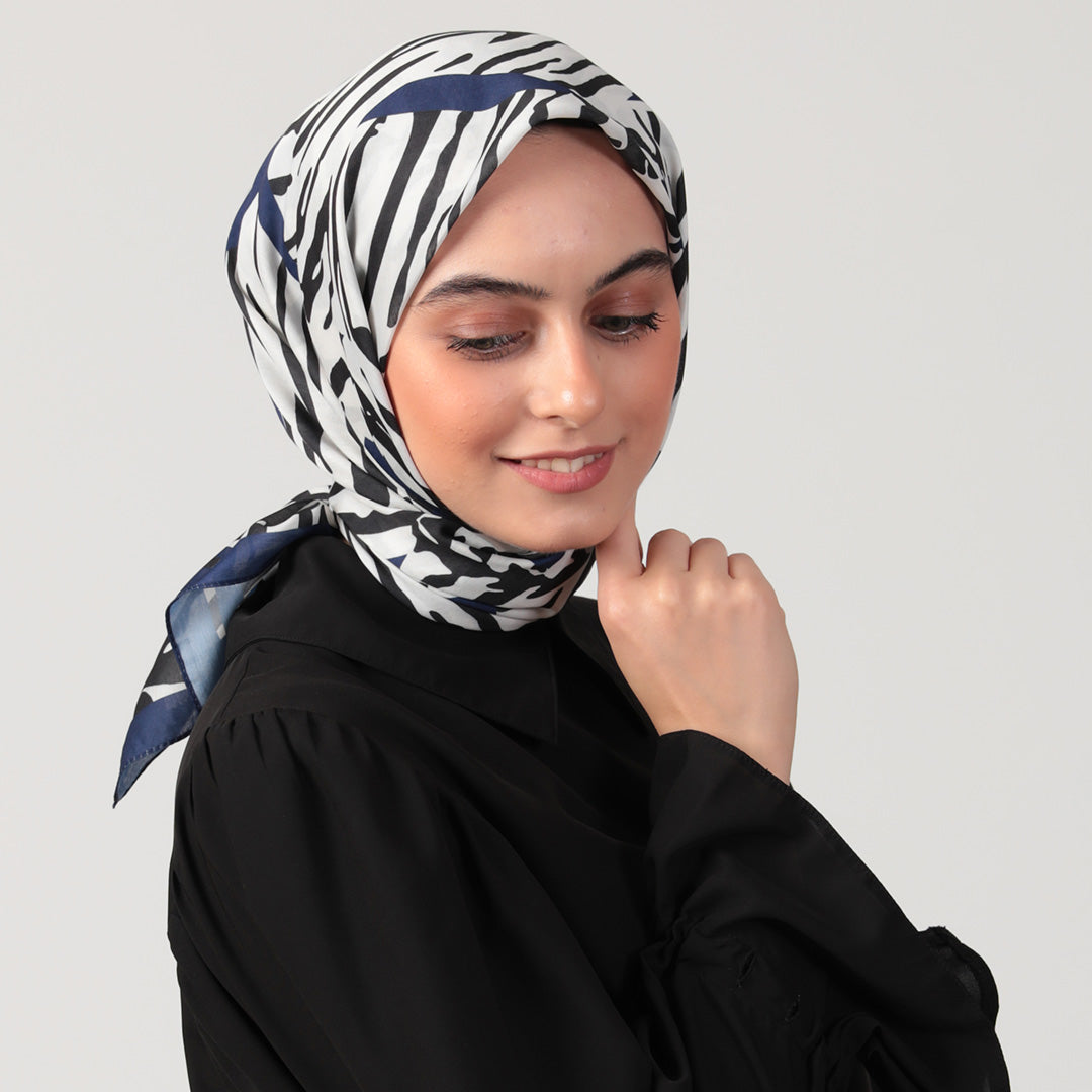 Pamuk İpek Eşarp - Zebra Desen - Lacivert