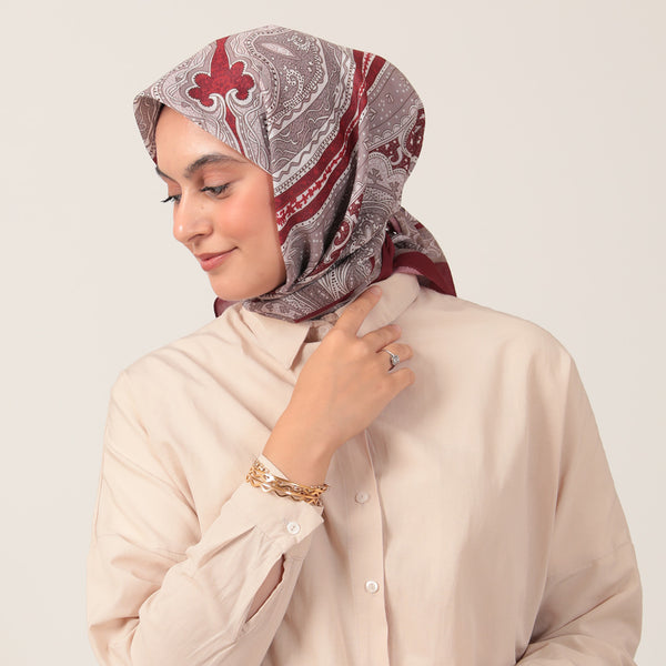 Pamuk İpek Eşarp - Hint Desen - Koyu Bordo